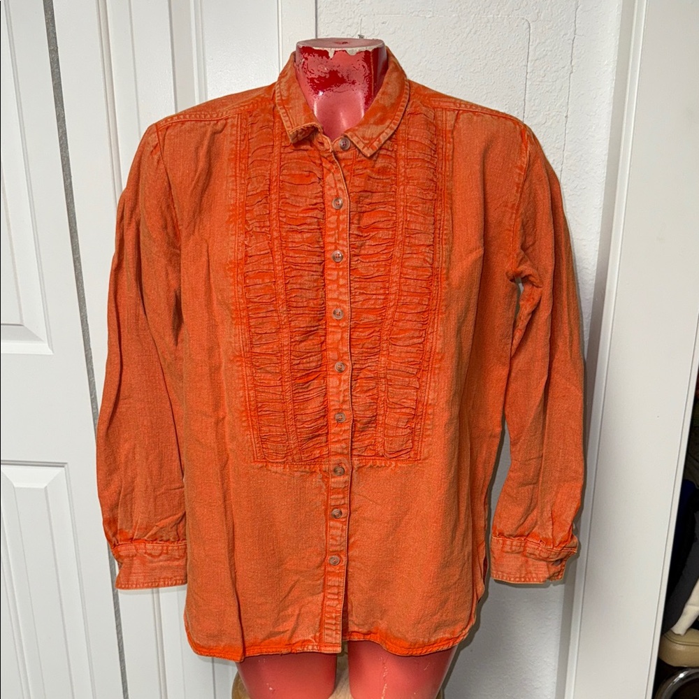 ANTHROPOLOGIE Women's Orange Ruffled Button-Front Top